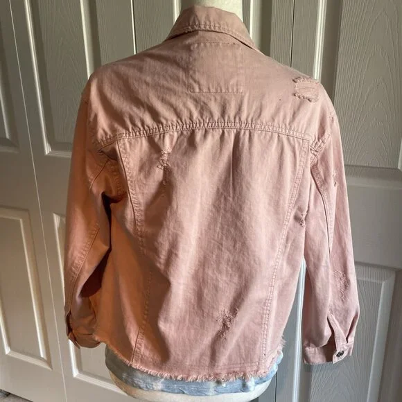 Bershka Denim Women’s Distressed Button Up Jean Jacket Size XS Light Pink EUC - Picture 2 of 6